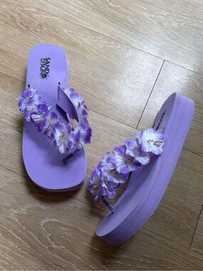 Sand N Sun Y2K Purple Flower Platform Flip Flops